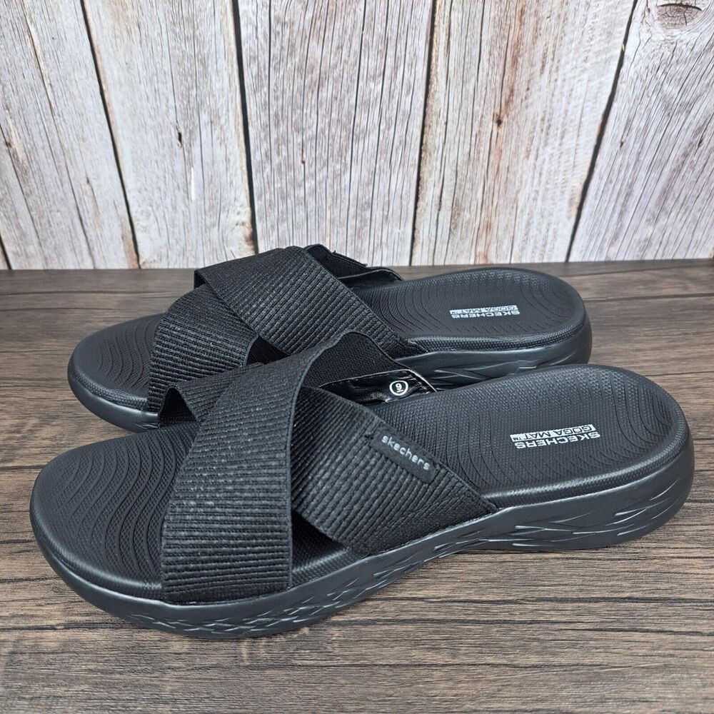 Skechers Women’s Black Cross-Band Slide Sandals